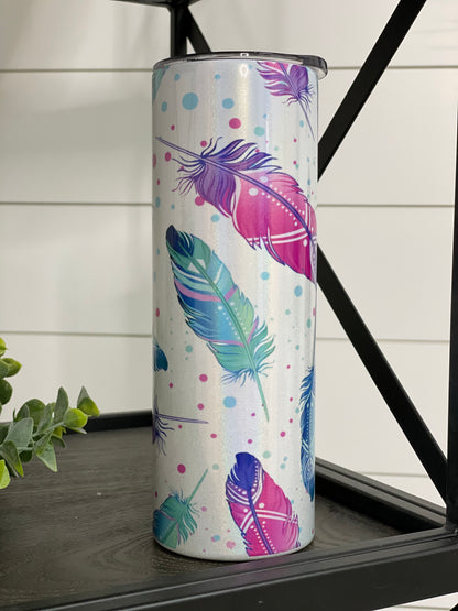 Water Color Feathers 20oz Shimmer Skinny Tumbler